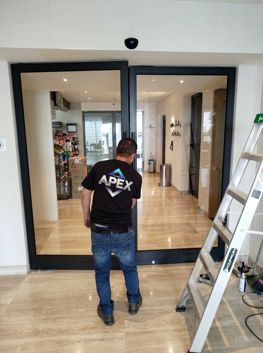 Instalador de Cancelería APEX con logo en playera frente a puertas de cristal templado